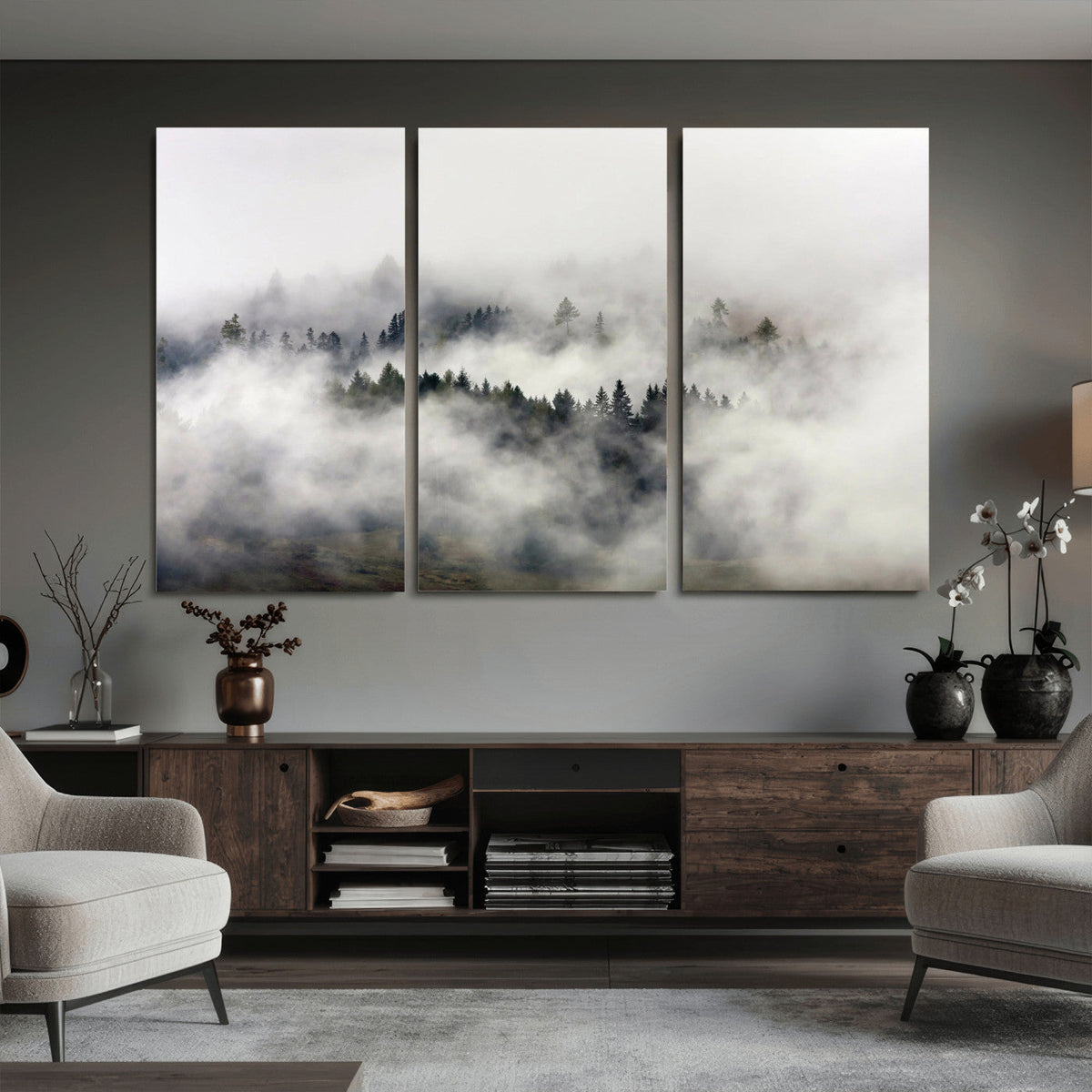 Foggy Forest Wall Art Canvas Print, Misty Pine Tree Landscape