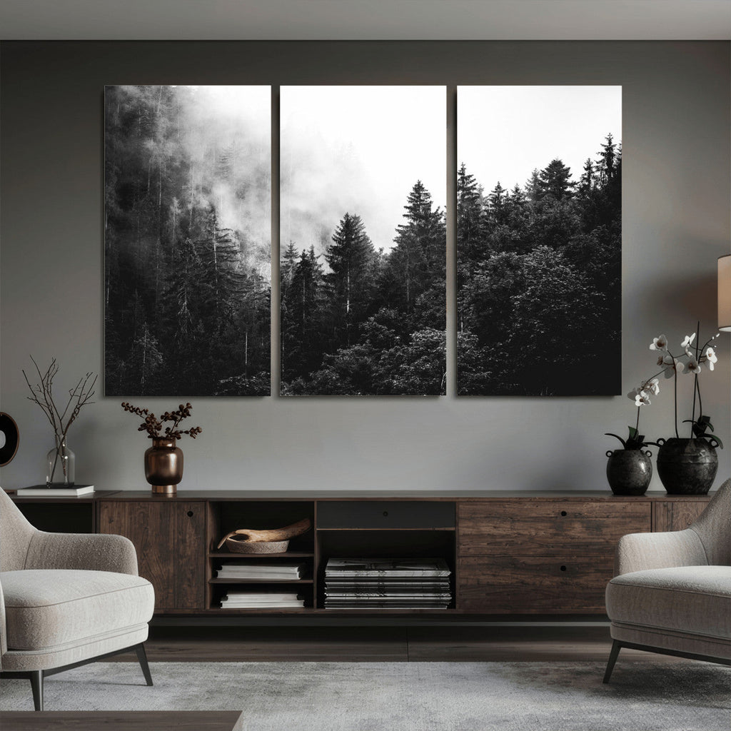 Black White Forest Wall Art Canvas Print, Misty Pine Tree Landscape