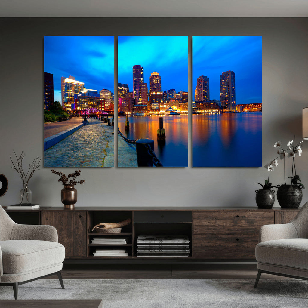 Boston Wall Art Canvas Print, Boston City Downtown Night Cityscape