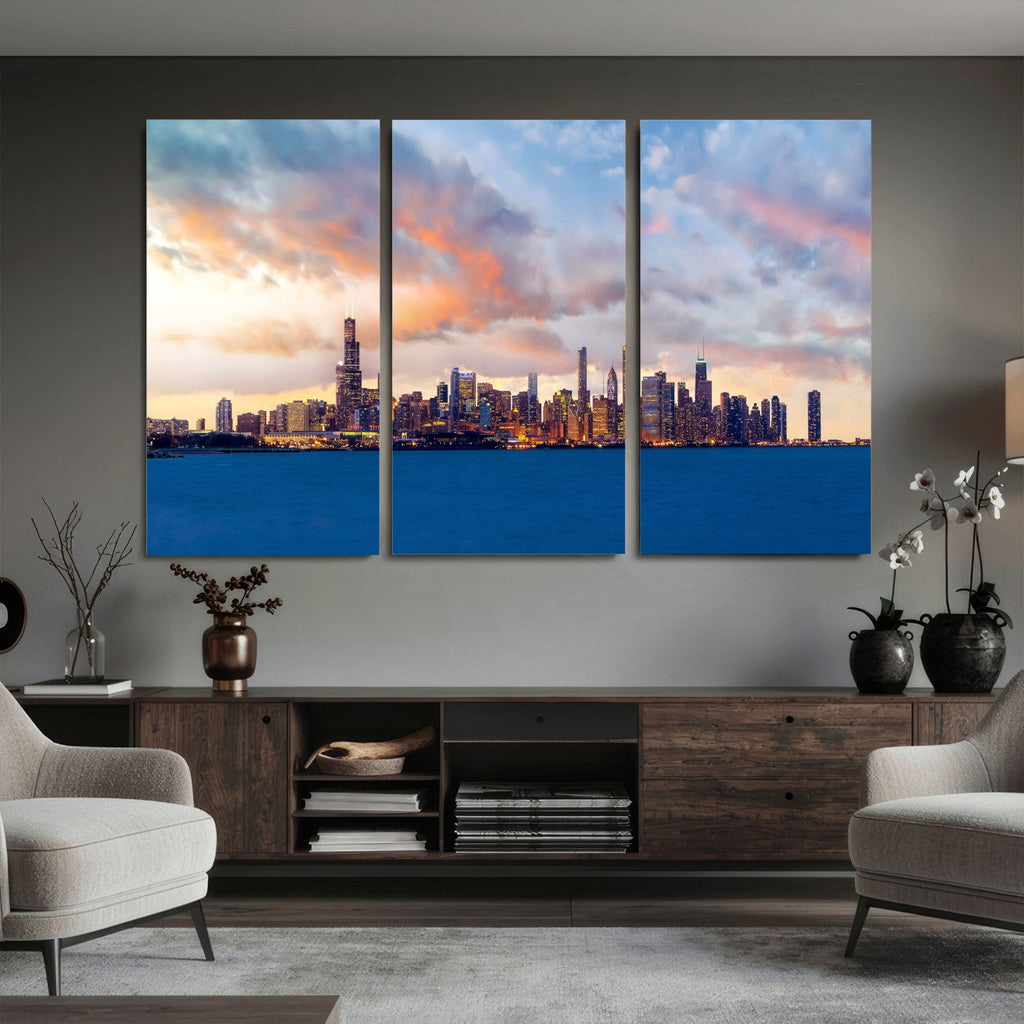 Chicago Wall Art Canvas Print - Chicago City Downtown Night Cityscape