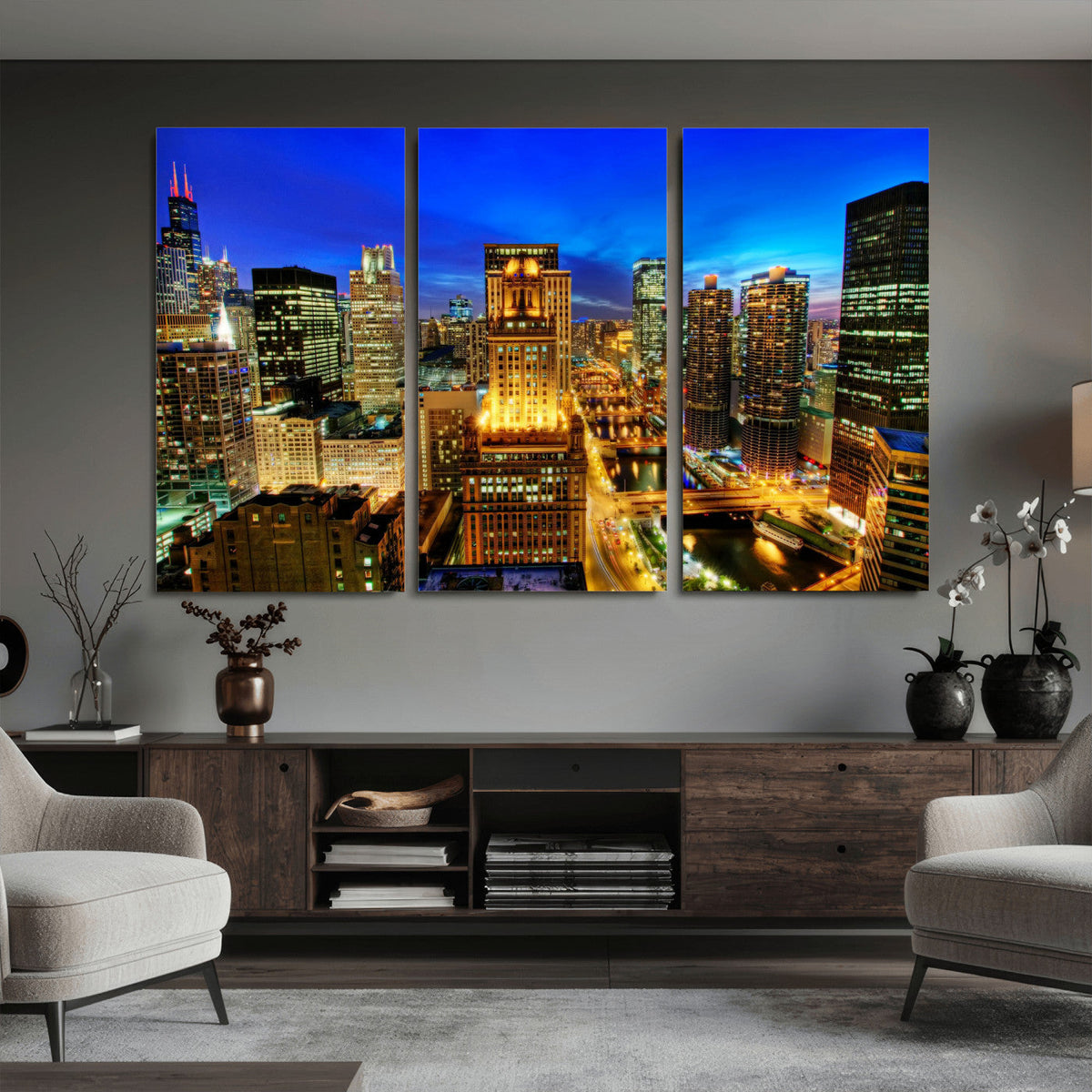 Chicago Wall Art Canvas Print - Chicago City Downtown Night Cityscape