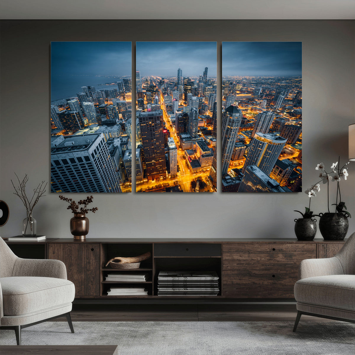 Chicago Wall Art Canvas Print - Chicago City Downtown Night Cityscape