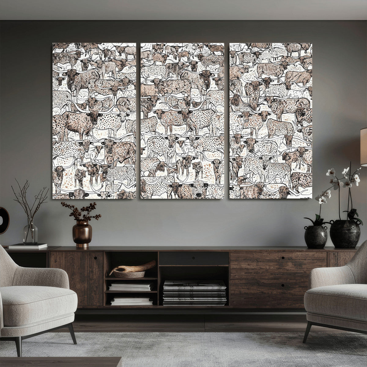 Abstract Texas Cow Wall Art Canvas Print, Farm Longhorn Art for Cabin Decor