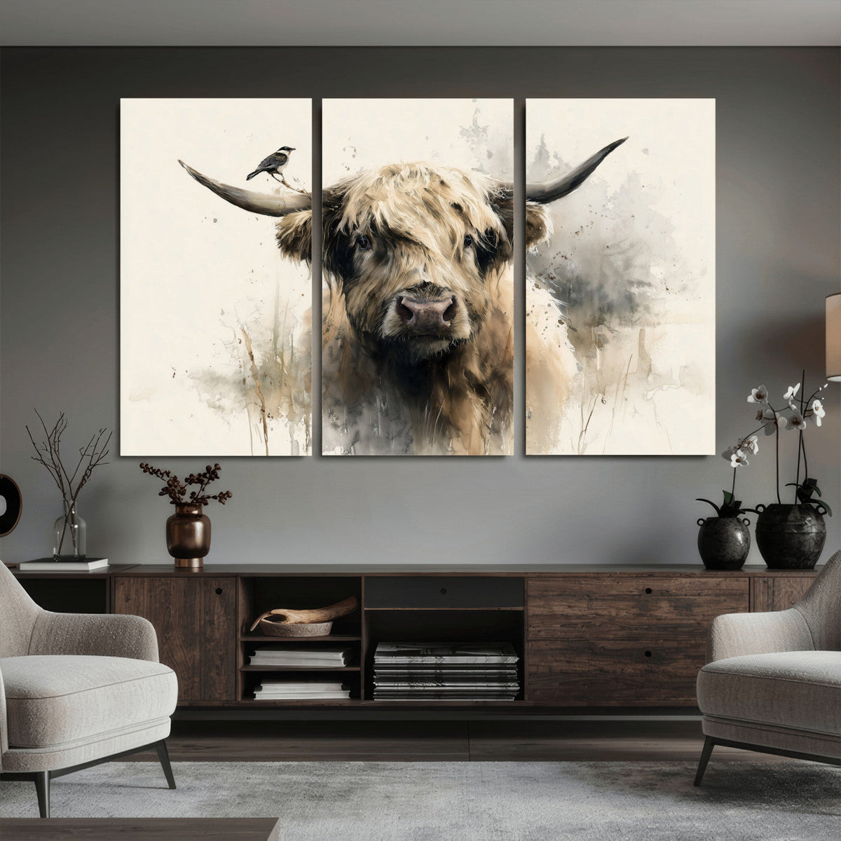 Abstract Highland Cow Wall Art Canvas Print, Rustic Farm Cattle Portrait