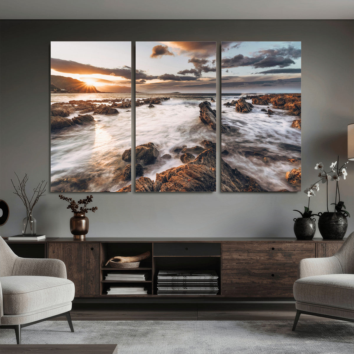 Rocky Coast Ocean Sunset Wall Art Canvas Print, Dramatic Seascape Nature Decor