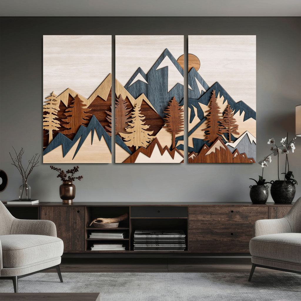 Layered Wooden Mountain Wall Art Canvas Print, Modern Rustic Forest and Pine Landscape