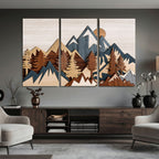 Layered Wooden Mountain Wall Art Canvas Print, Modern Rustic Forest and Pine Landscape