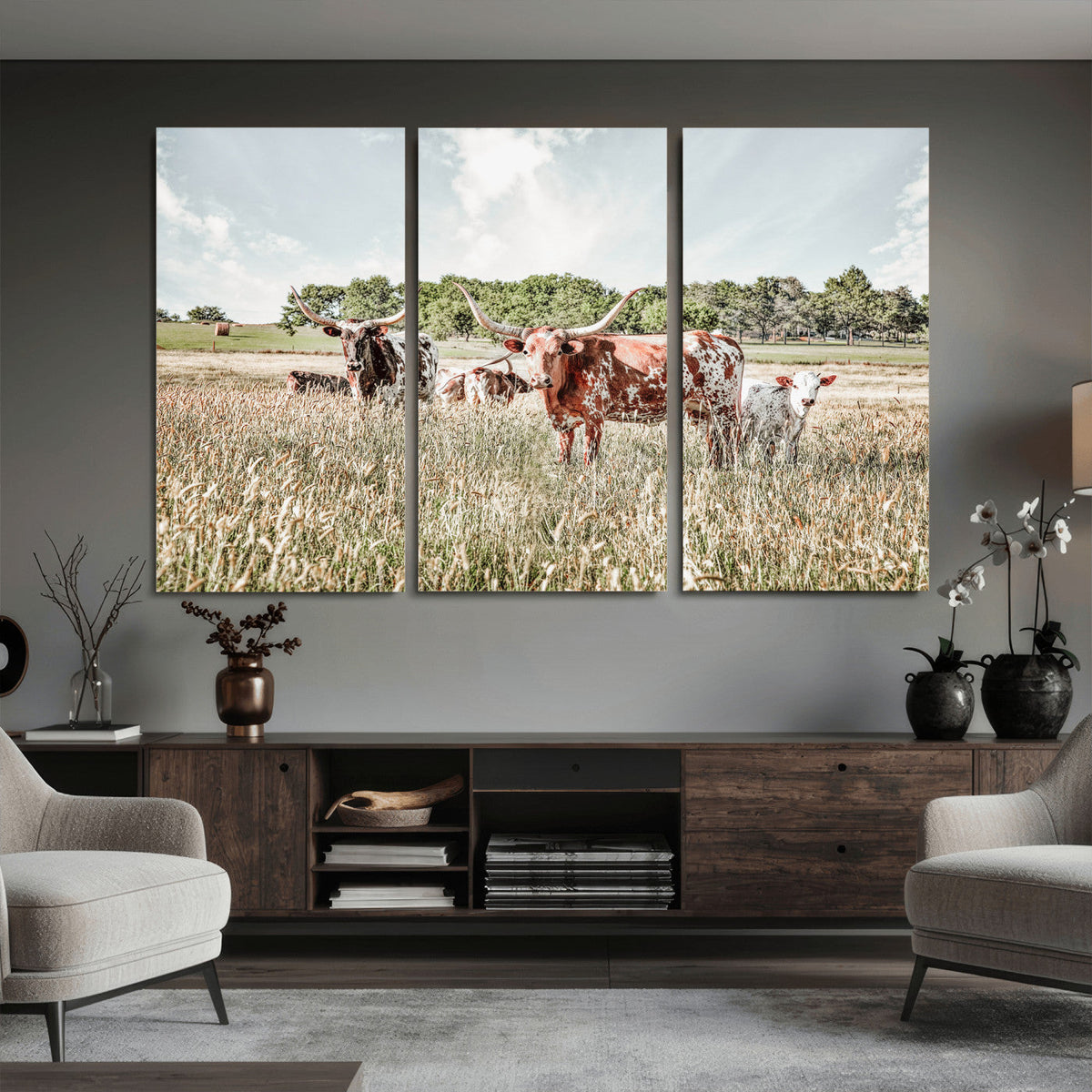 Texas Longhorn Cattle Wall Art Canvas Print, Western Ranch Landscape Decor