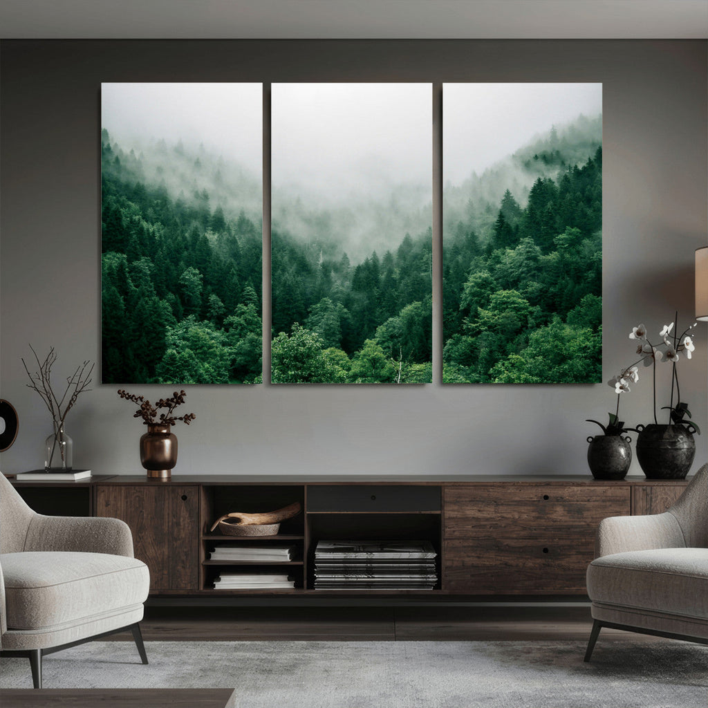 Misty Pine Forest Wall Art Canvas Print, Foggy Evergreen Landscape