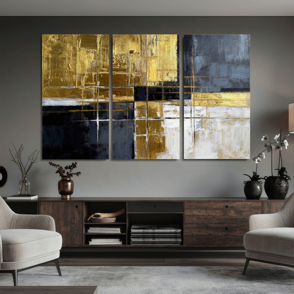Gold Navy Abstract Wall Art Canvas Print, Modern Luxury Geometric Art for Living Room and Office