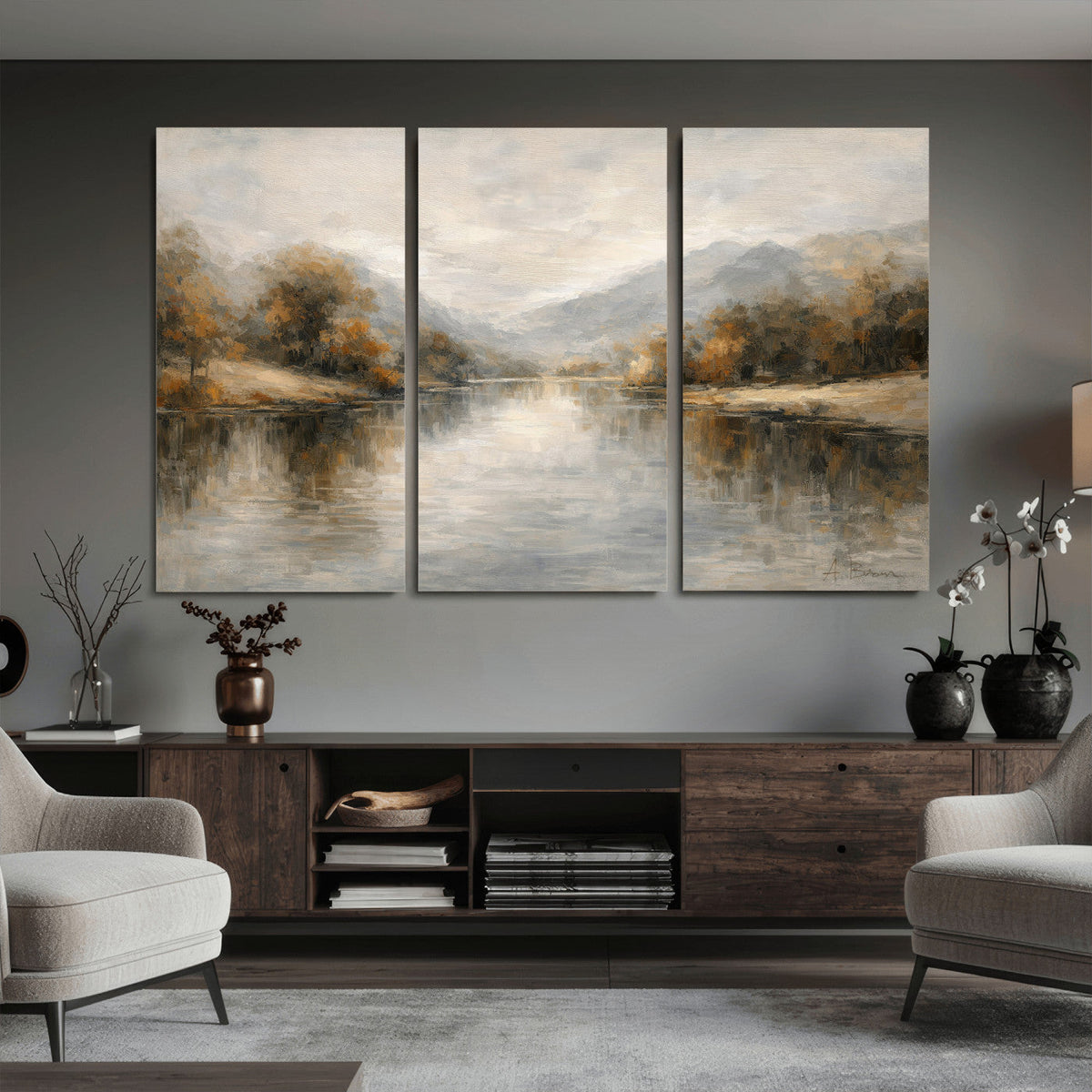 Neutral Abstract River Landscape Wall Art Canvas Print