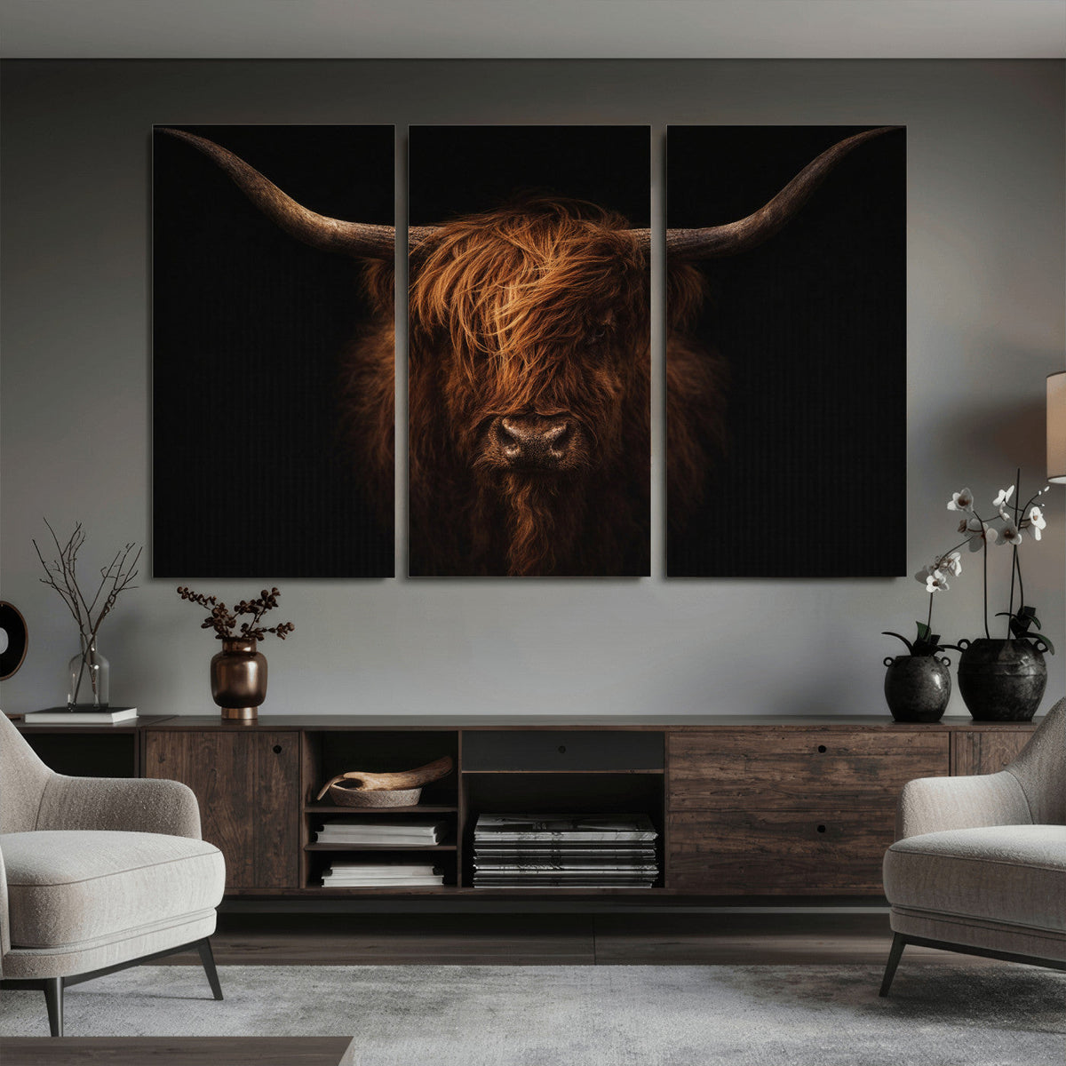 Highland Cow Wall Art Canvas Print | Moody Dark Rustic Farmhouse Portrait
