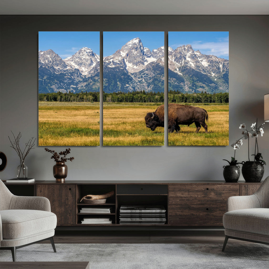 Bison in Mountain Landscape Wall Art Canvas Print, Western Decor