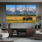 Bison in Mountain Landscape Wall Art Canvas Print, Western Decor