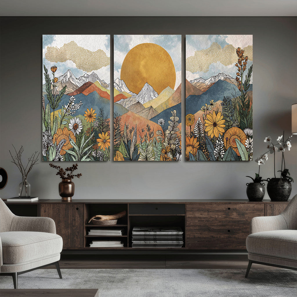 Boho Mountain Landscape Large Wall Art, Horizontal Gold Sun and Flowers Print