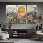 Boho Mountain Landscape Large Wall Art, Horizontal Gold Sun and Flowers Print