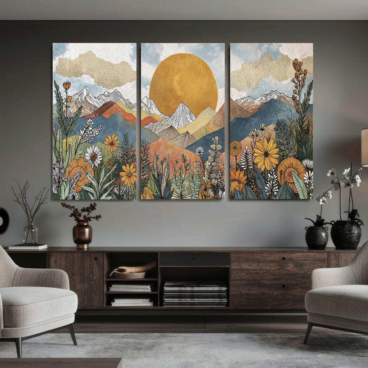 Boho Mountain Landscape Large Wall Art, Horizontal Gold Sun and Flowers Print