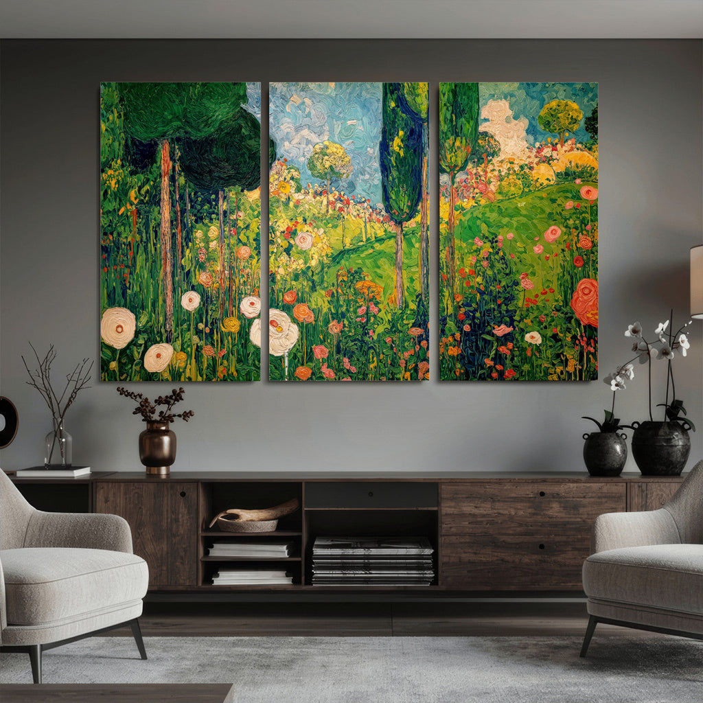 Gustav Klimt Boho Mountain Landscape Large Wall Art, Gold Sun and Flowers Print