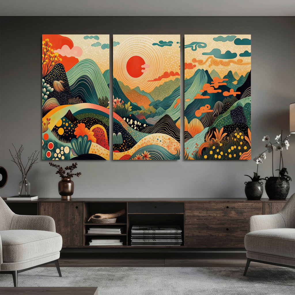 Yayoi Kusama Boho Mountain Landscape Large Wall Art, Gold Sun and Flowers Print