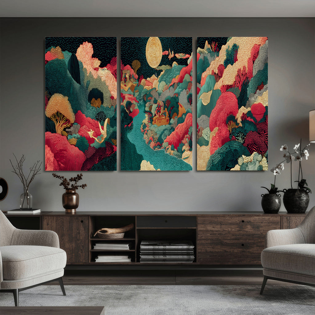 Colorful Japanese Landscape Print: Maximalist Panoramic Wall Art