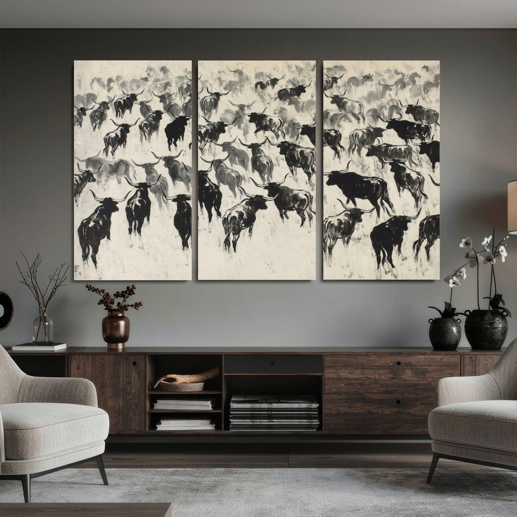 Longhorn Cattle Canvas Wall Art, Black White Stampede Ink