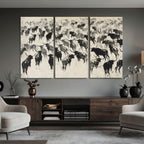 Longhorn Cattle Canvas Wall Art, Black White Stampede Ink