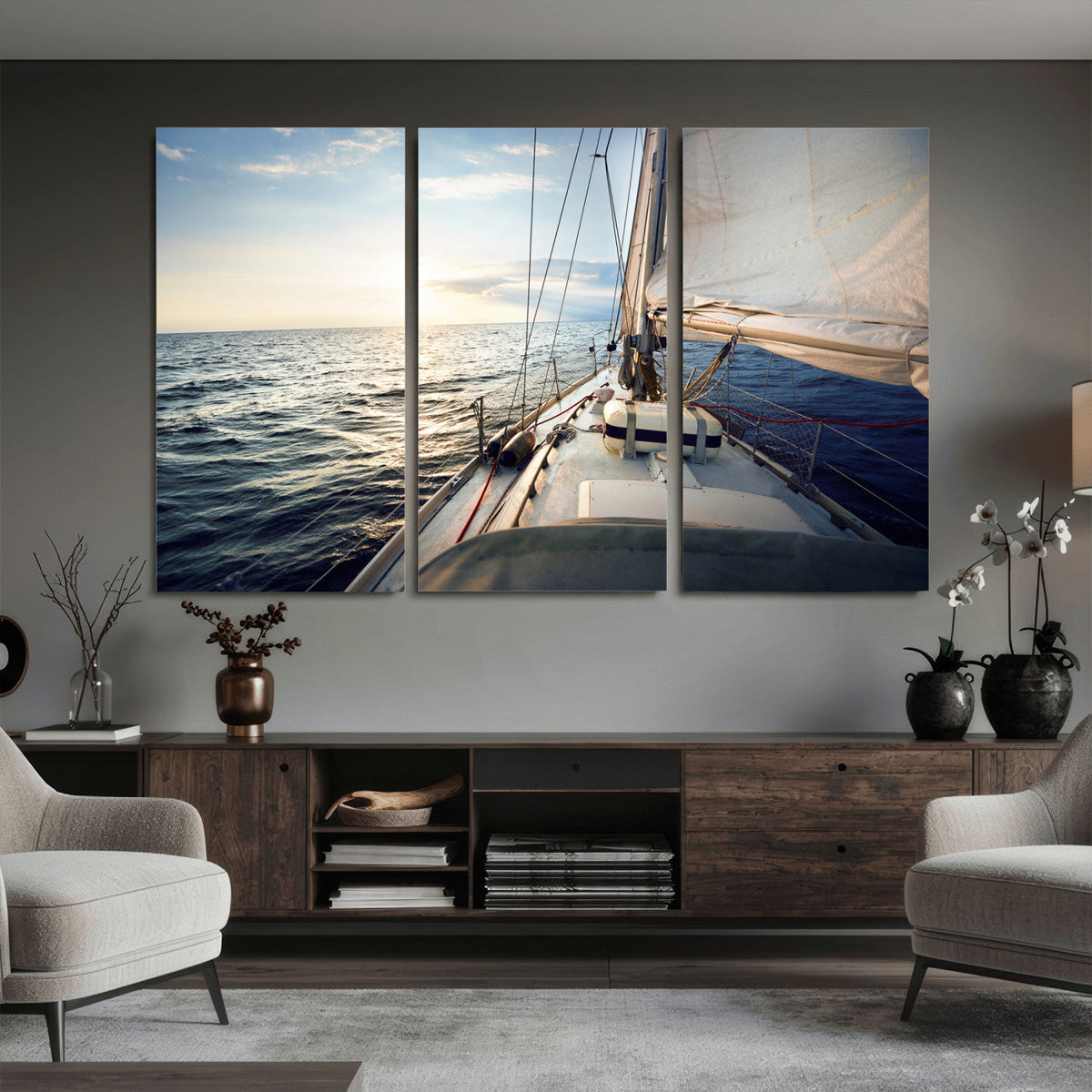 Sailboat Wall Art Canvas Print, Ocean Sunset Sailing Framed Artwork