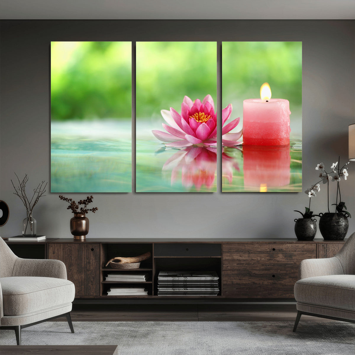 Zen Lotus Candle Canvas Wall Art, Pink Spa Meditation Decor