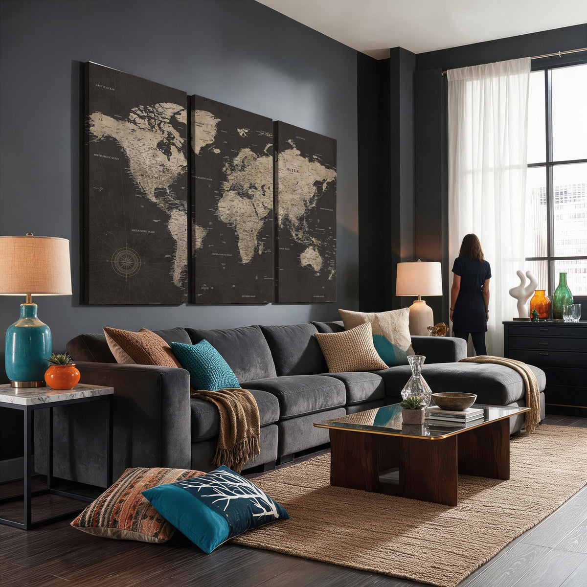 World Map Canvas Wall Art, Dark Charcoal and Antique Tan Detailed Map
