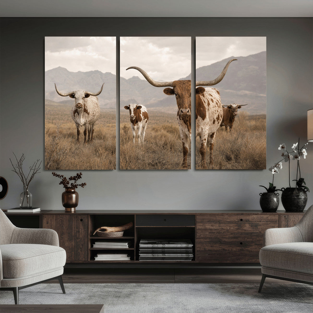 Rustic Texas Longhorn Cow Canvas Wall Art Print, Farm Animal Photography