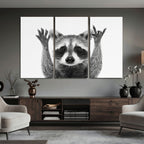 Funny Raccoon Canvas Wall Art, Black White Hands Up Animal Photo Print