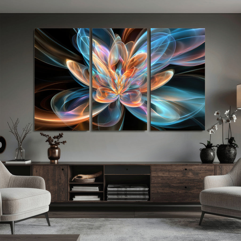 Fractal Lotus Canvas Wall Art, Blue Orange Glowing Flower Abstract Print