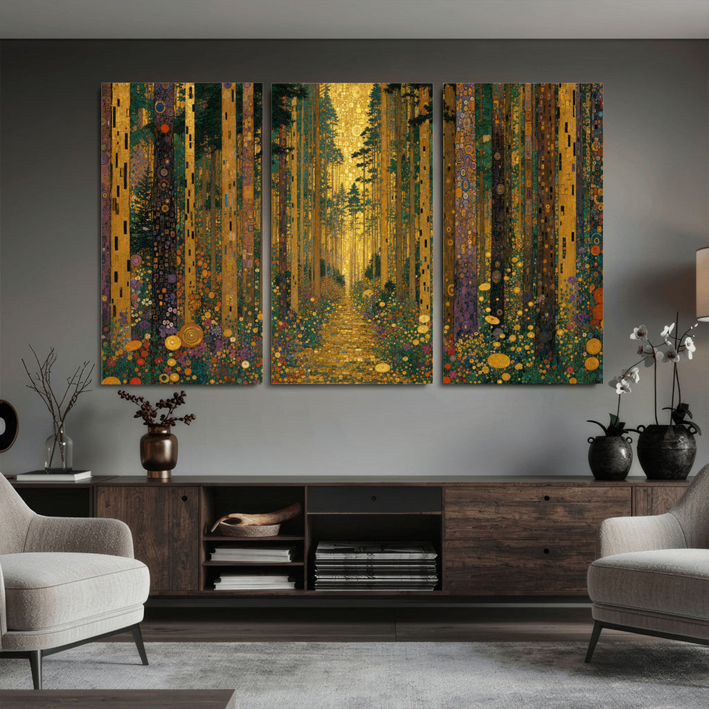 Gustav Klimt Style Forest Canvas Wall Art, Golden Forest Path Floral Art Nouveau Print
