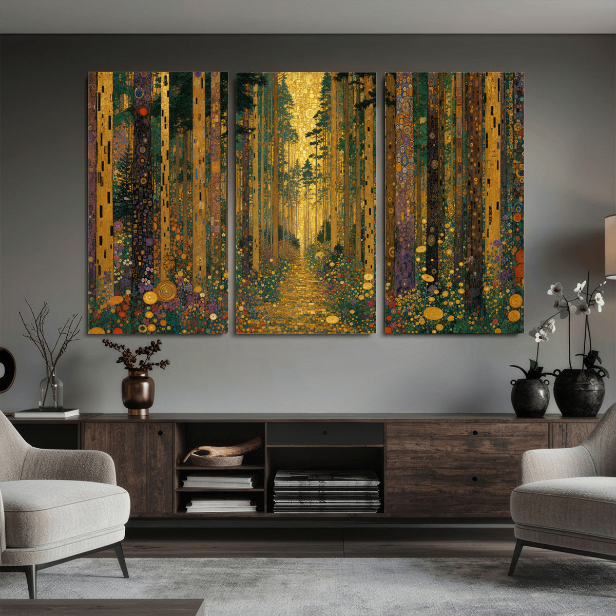 Gustav Klimt Style Forest Canvas Wall Art, Golden Forest Path Floral Art Nouveau Print