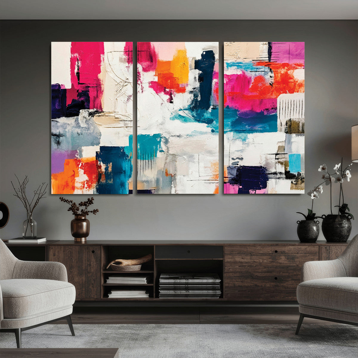 Blue Teal Abstract Canvas Wall Art, Modern Brushstroke Style Print, Navy Orange Contemporary Decor