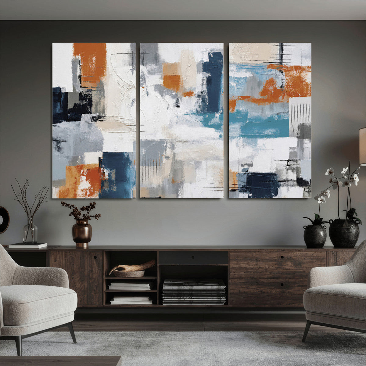 Blue Teal Abstract Canvas Wall Art, Modern Brushstroke Style Print, Navy Orange Contemporary Decor