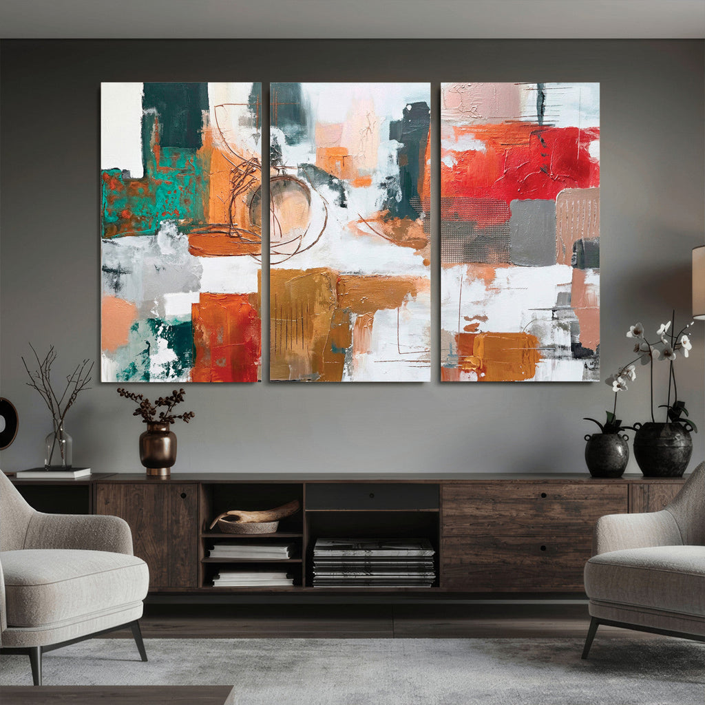 Blue Teal Abstract Canvas Wall Art, Modern Brushstroke Style Print, Navy Orange Contemporary Decor