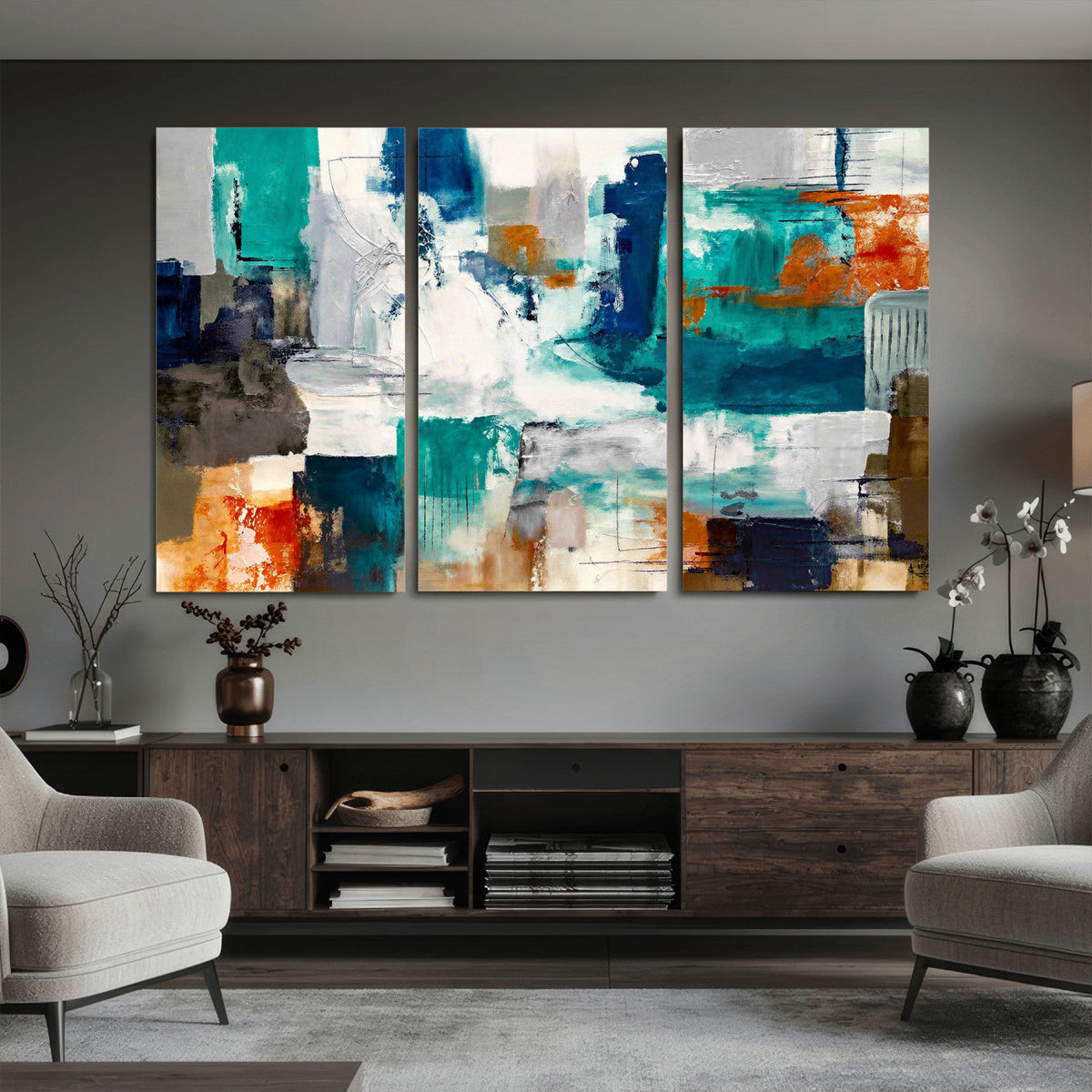 Blue Teal Abstract Canvas Wall Art, Modern Brushstroke Style Print, Navy Orange Contemporary Decor