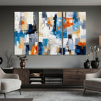 Blue Teal Abstract Canvas Wall Art, Modern Brushstroke Style Painting Print, Navy Orange Contemporary Decor