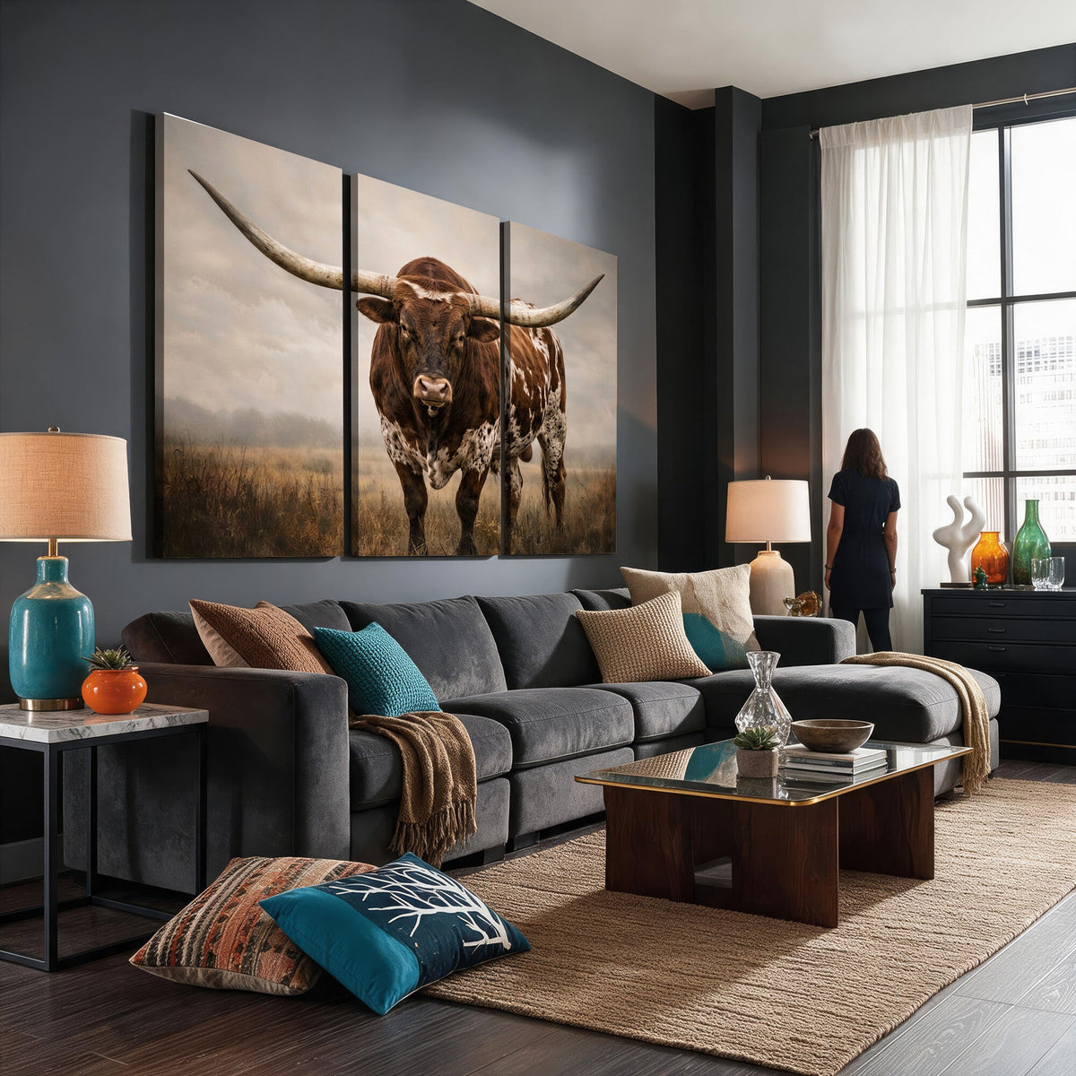 Texas Longhorn Wall Art Canvas Print | Brown Horned Bull Rustic Western Decor