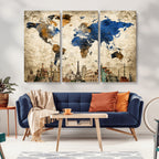 World Map Canvas Print | Vintage Blue and Gold World Map Wall Art