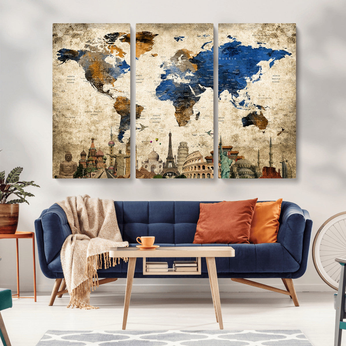 World Map Canvas Print | Vintage Blue and Gold World Map Wall Art