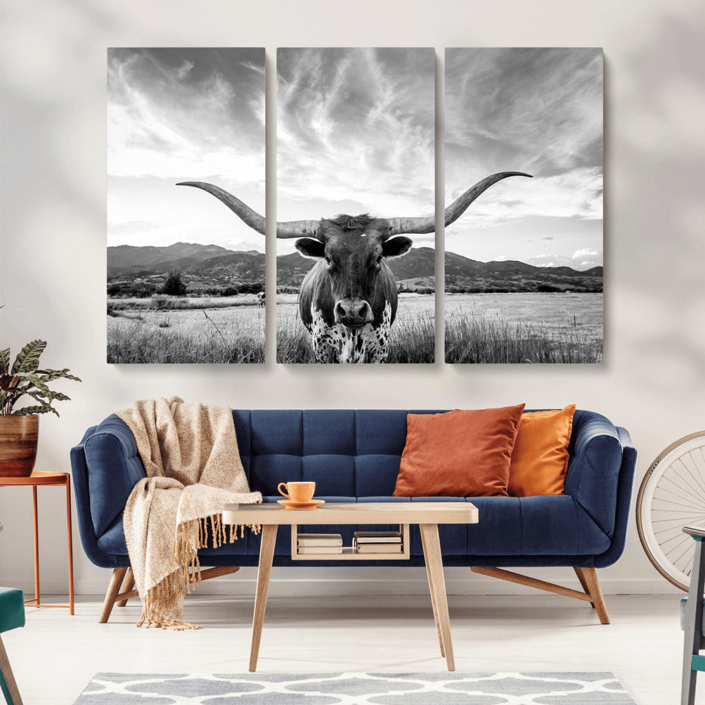 Longhorn Black and White Wall Art | Rustic Western Bull Canvas Print