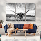 Longhorn Black and White Wall Art | Rustic Western Bull Canvas Print