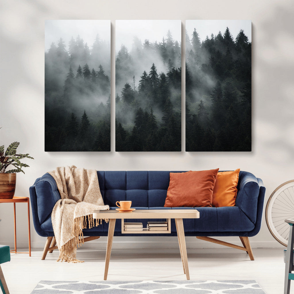 Foggy Forest Wall Art Canvas Print | 3 Panel Large Misty Landscape