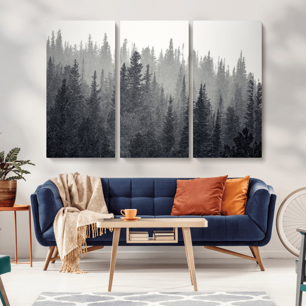 Misty Forest Canvas Wall Art | Monochrome Triptych Pine Tree Print