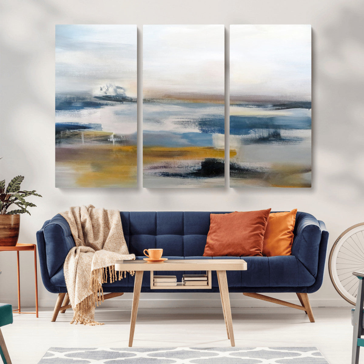 Abstract Landscape Wall Art Canvas | 3 Panel Modern Blue, Gold and White Canvas Art