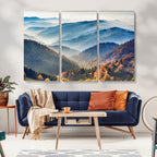 Misty Mountain Sunrise Triptych Canvas Print | Autumn Landscape Wall Art