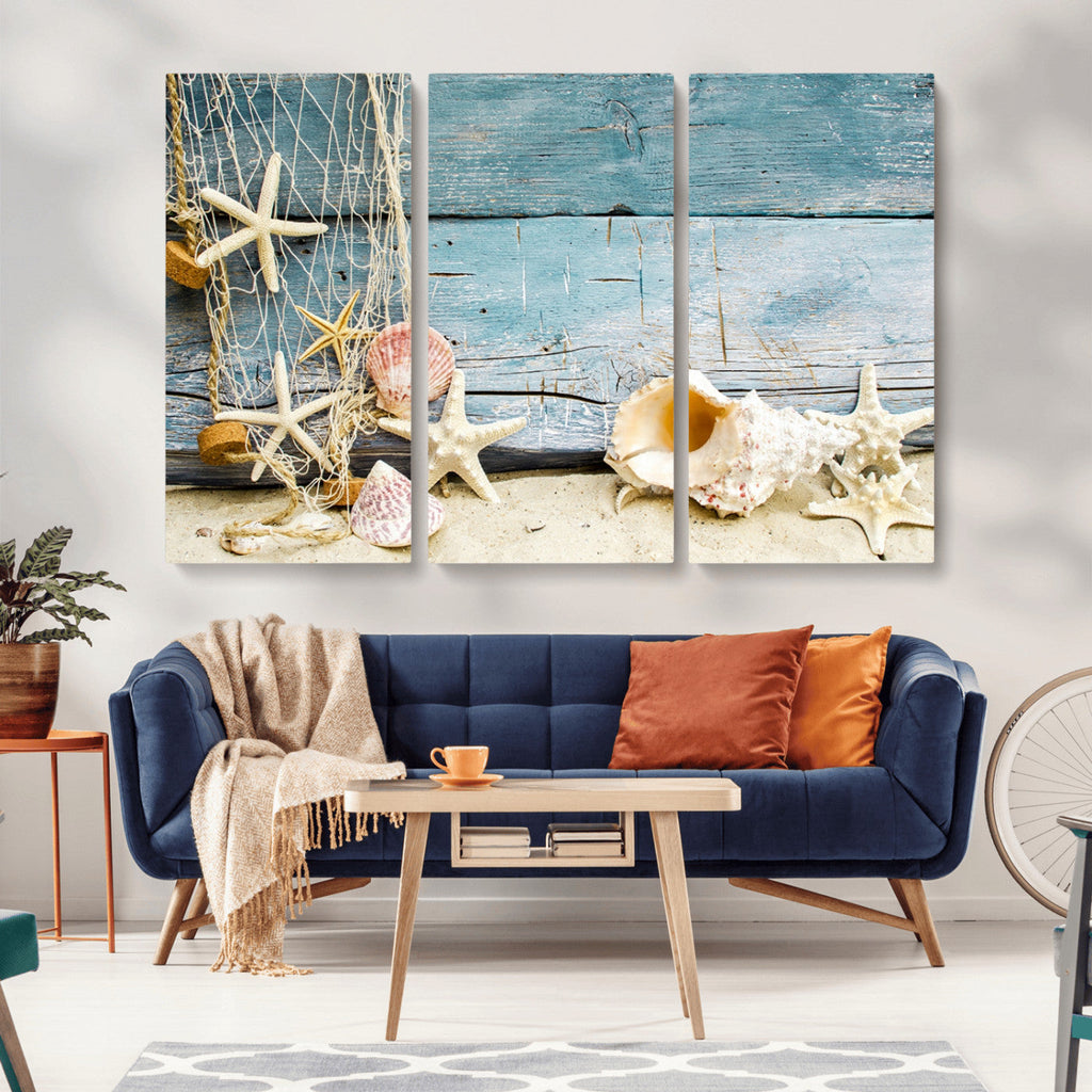 Seashells on Rustic Wooden Background, Seashells Wall Art