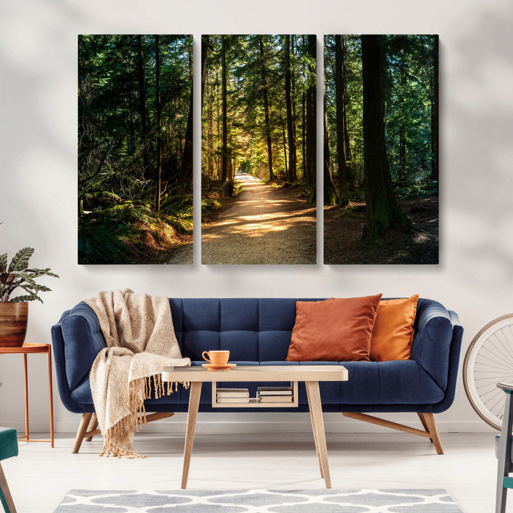 Sunlit Forest Pathway Canvas Print | 3 Panel Large Nature Wall Art